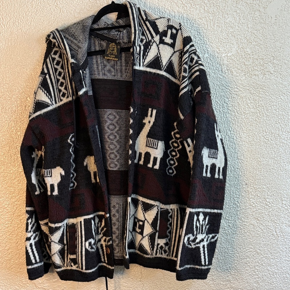 Unisex Black and Brown Wool Alpaca Pattern Jacket